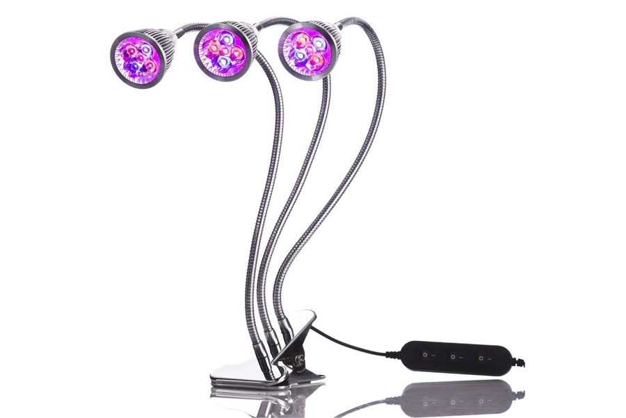 amazingherbgarden.com - growing-herbs-in-winter-using-grow-lights - Triple Head LED Grow Light, Desk Clip Lamp with 360 Flexible Gooseneck and triple independent switch