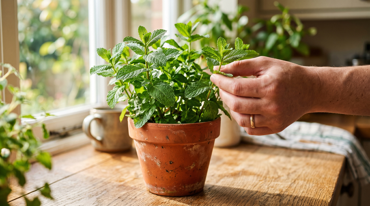 How-to-grow-mint-beginners-guide-1200 How to grow mint for beginners. With a hand pinching the growing tip of the mint, or holding a freshly cut sprig over the pot.