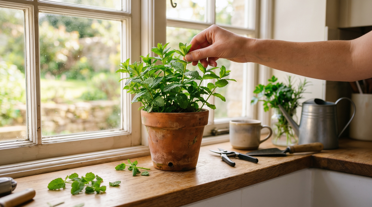 pinching-top-of-mint-plants-to-spark-grow How to make mint plant in pot bushier.