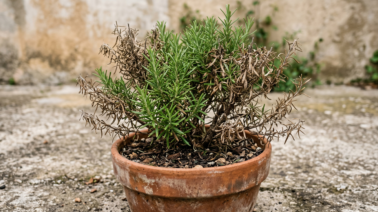 AI_rosemary-brown-leaves-article rosemary plant in pot with some stems turning brown