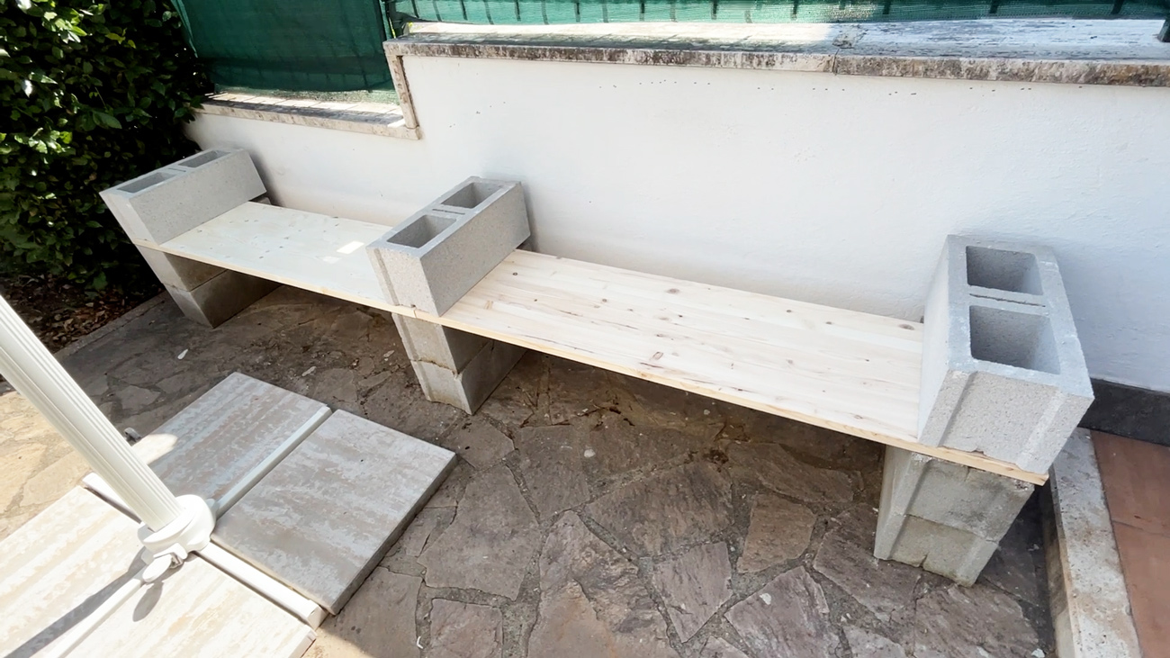 testing layout for herb garden shelf using cinder blocks