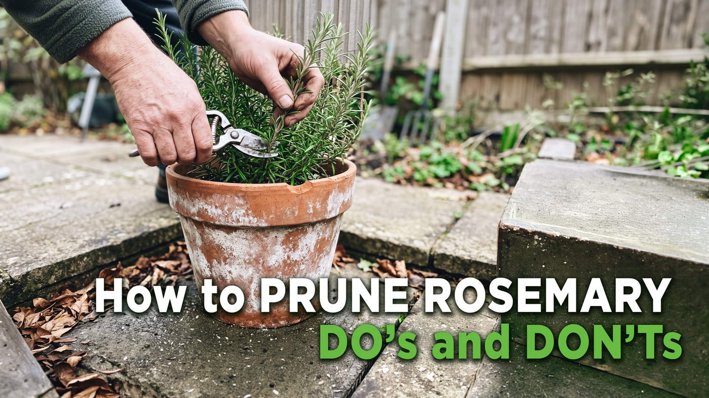 Hands pruning a rosemary plant growing in a terracotta pot, cutting above a leafy stem